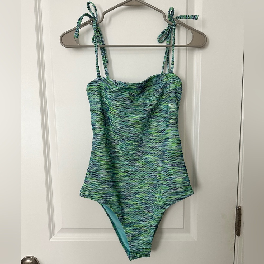 Aerie Blue and Green Tie Strap Cheeky One-Piece Swimsuit Size Small Petite